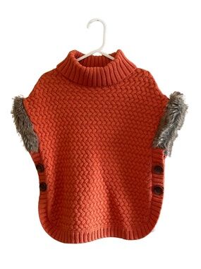 4/$20➡️  ASPEN Kids Orange Knit Turtleneck Poncho Faux Fur – Size 7/8 EUC